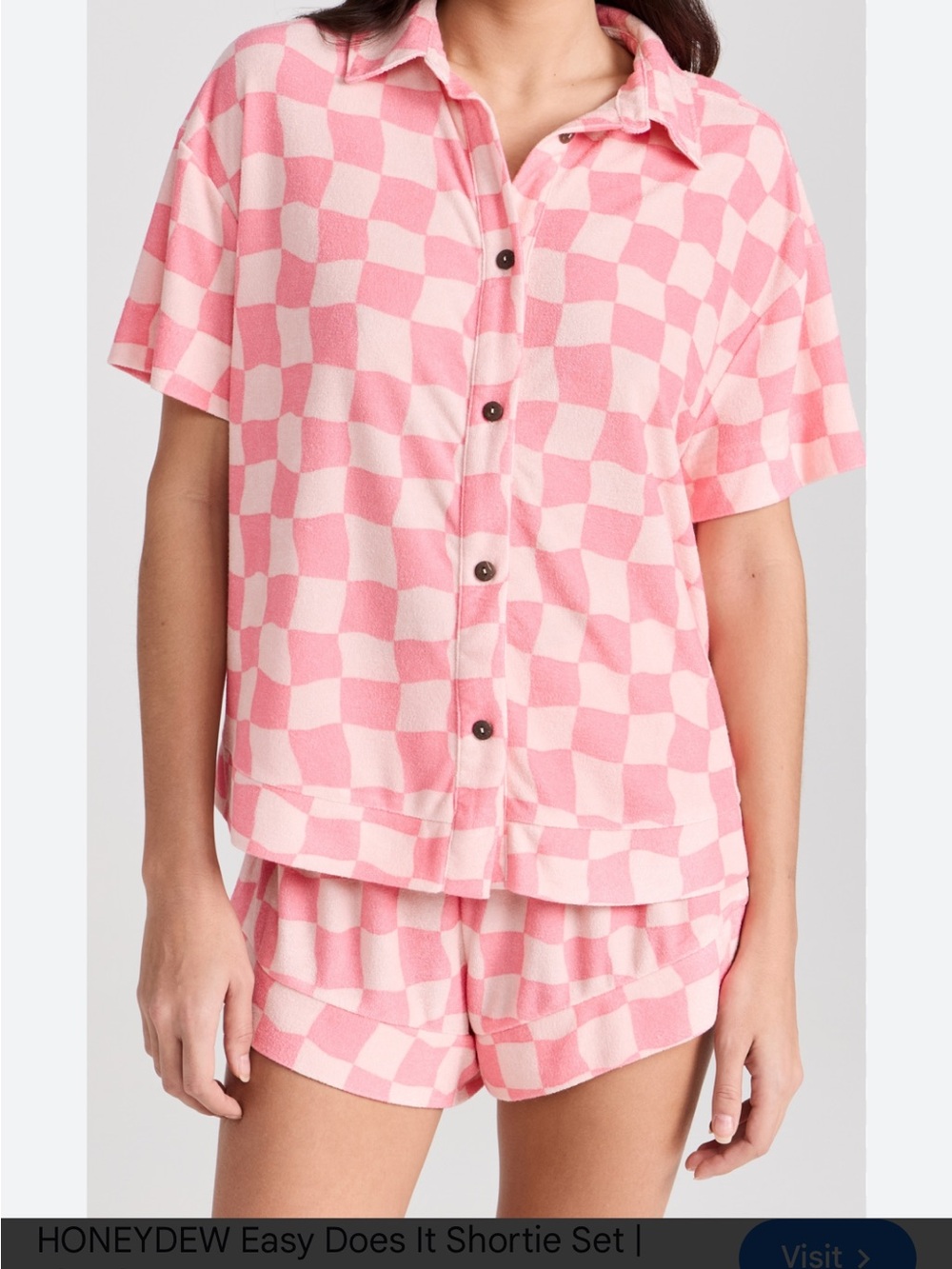 Honey Dew Pink Check Pajama Short Set Women’s Loungewear Button Top & Shorts XS